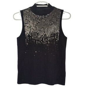 Marled Black Sleeveless High Neck Top with Silver Sequins, XS, NWT